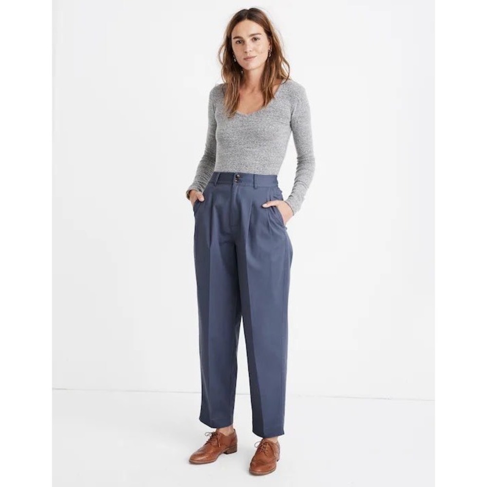 Madewell Size 0 Pleated Tailored Wide Leg Stretch Pants High-Rise Cropped Blue